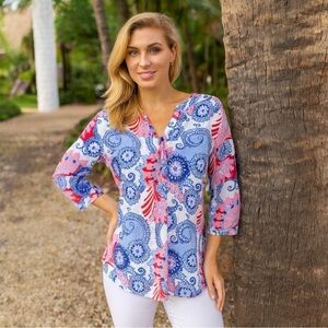 Talbots Tunic long Top Popover XL patriotic floral circle Paisley Flowy Cotton